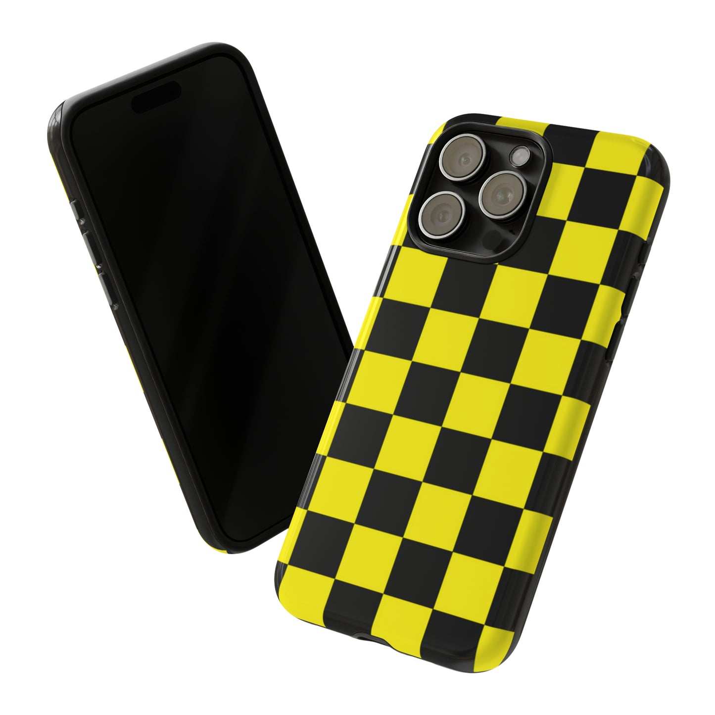 Yellow and Black Checkers with Black background: 46-Tough Case iPhone series 15 14 13 12 11 X XR XS 8: Google series 7 6 5: Samsung series S23 S22 S21 S20 S10