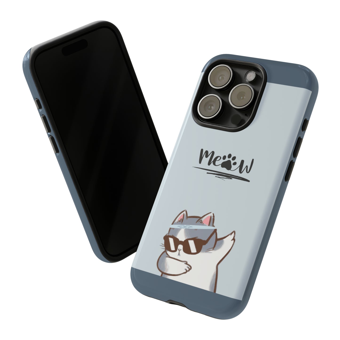 Cats Meow with slate blue background: 46-Tough Case iPhone series 15 14 13 12 11 X XR XS 8: Google series 7 6 5: Samsung series S23 S22 S21 S20 S10