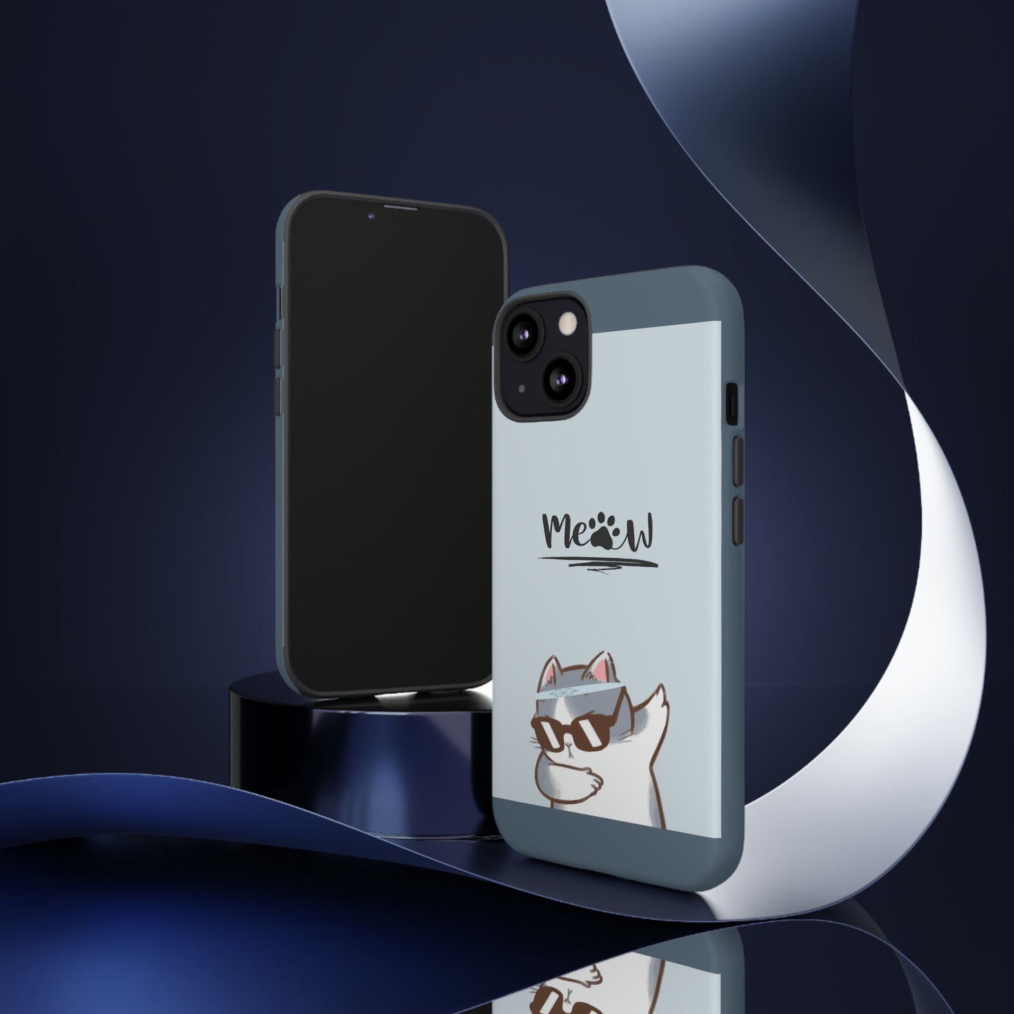 Cats Meow with slate blue background: 46-Tough Case iPhone series 15 14 13 12 11 X XR XS 8: Google series 7 6 5: Samsung series S23 S22 S21 S20 S10