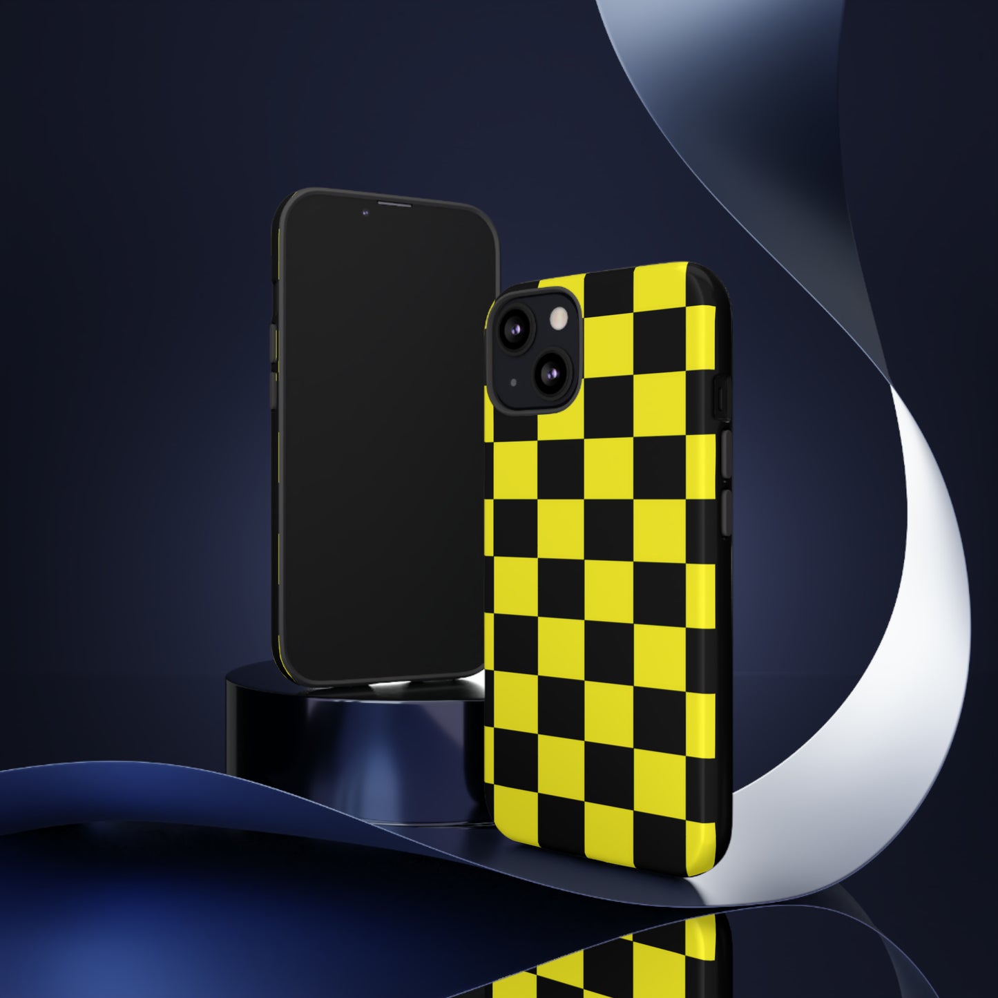 Yellow and Black Checkers with Black background: 46-Tough Case iPhone series 15 14 13 12 11 X XR XS 8: Google series 7 6 5: Samsung series S23 S22 S21 S20 S10