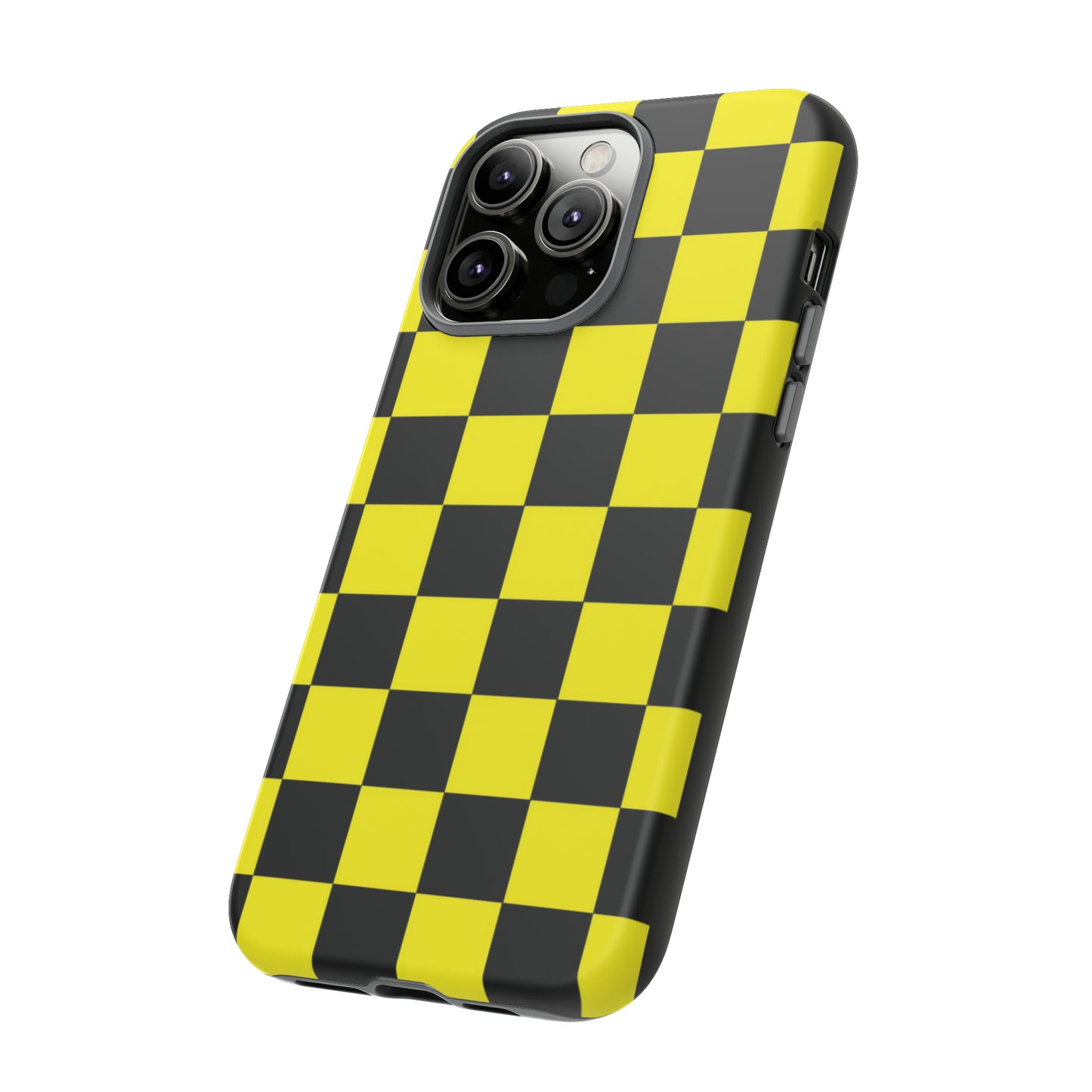 Yellow and Black Checkers with Black background: 46-Tough Case iPhone series 15 14 13 12 11 X XR XS 8: Google series 7 6 5: Samsung series S23 S22 S21 S20 S10