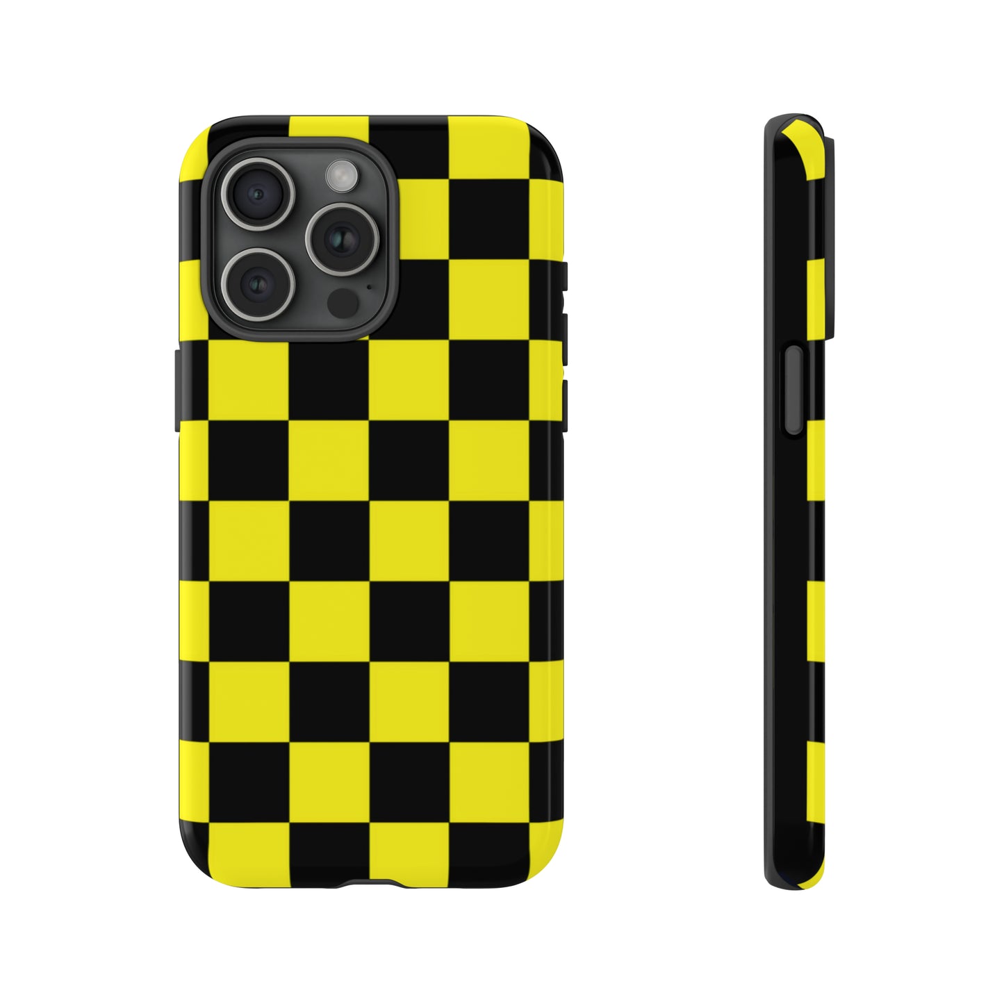 Yellow and Black Checkers with Black background: 46-Tough Case iPhone series 15 14 13 12 11 X XR XS 8: Google series 7 6 5: Samsung series S23 S22 S21 S20 S10