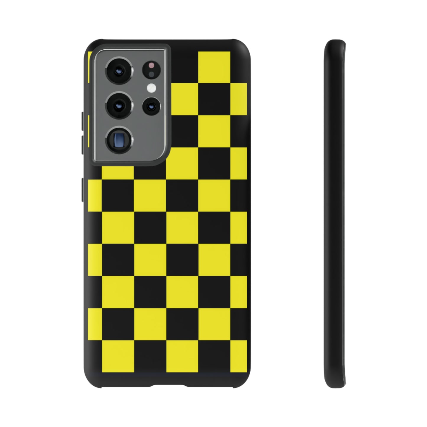 Yellow and Black Checkers with Black background: 46-Tough Case iPhone series 15 14 13 12 11 X XR XS 8: Google series 7 6 5: Samsung series S23 S22 S21 S20 S10