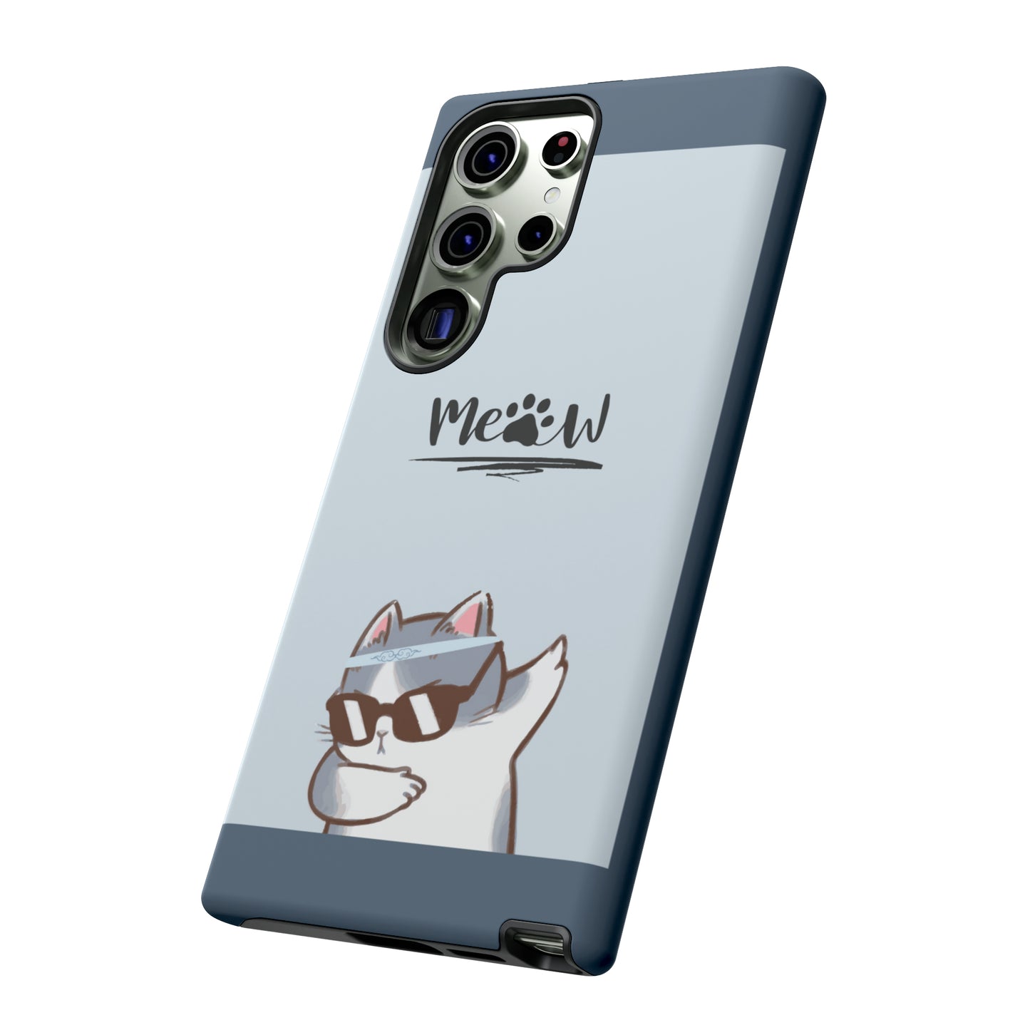 Cats Meow with slate blue background: 46-Tough Case iPhone series 15 14 13 12 11 X XR XS 8: Google series 7 6 5: Samsung series S23 S22 S21 S20 S10