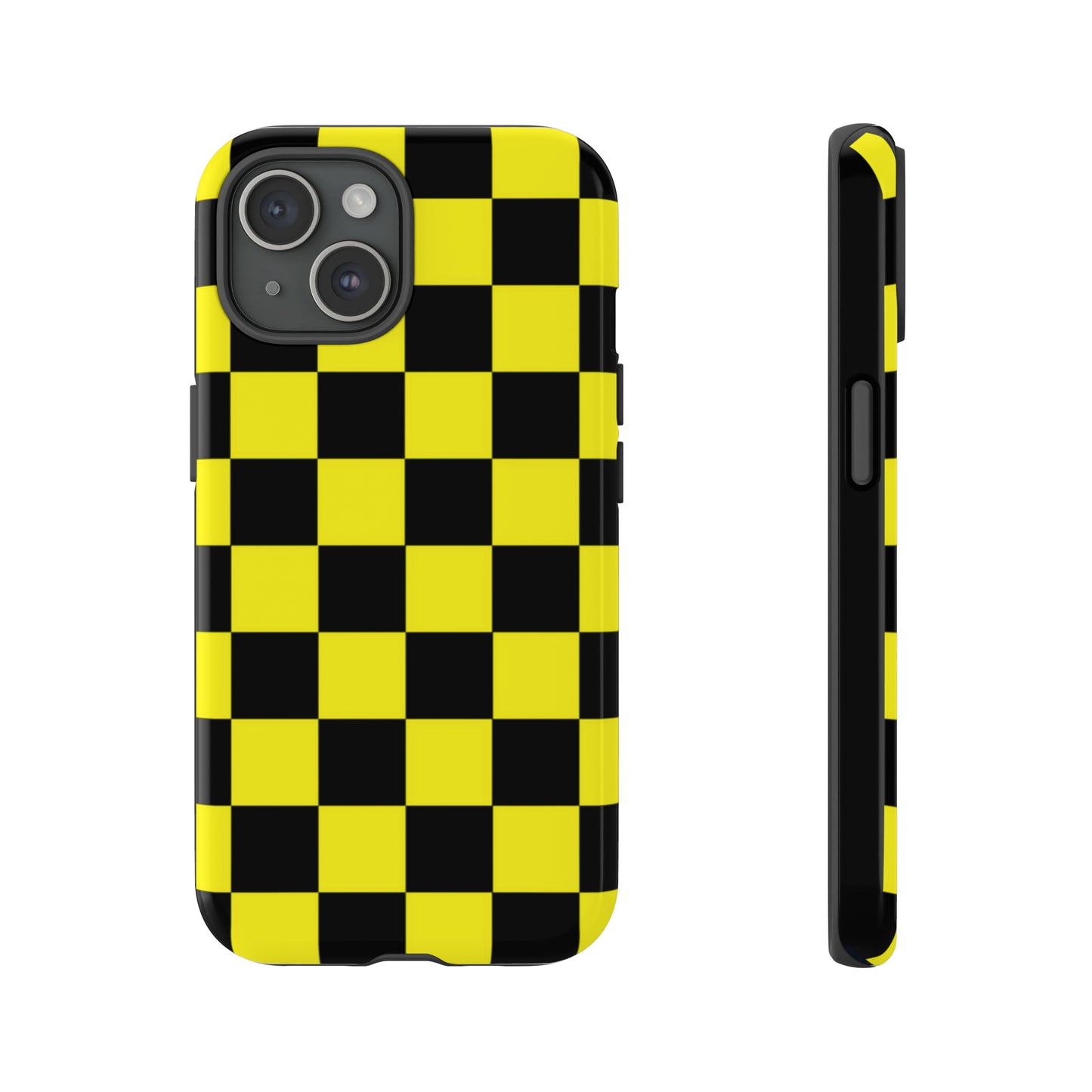 Yellow and Black Checkers with Black background: 46-Tough Case iPhone series 15 14 13 12 11 X XR XS 8: Google series 7 6 5: Samsung series S23 S22 S21 S20 S10