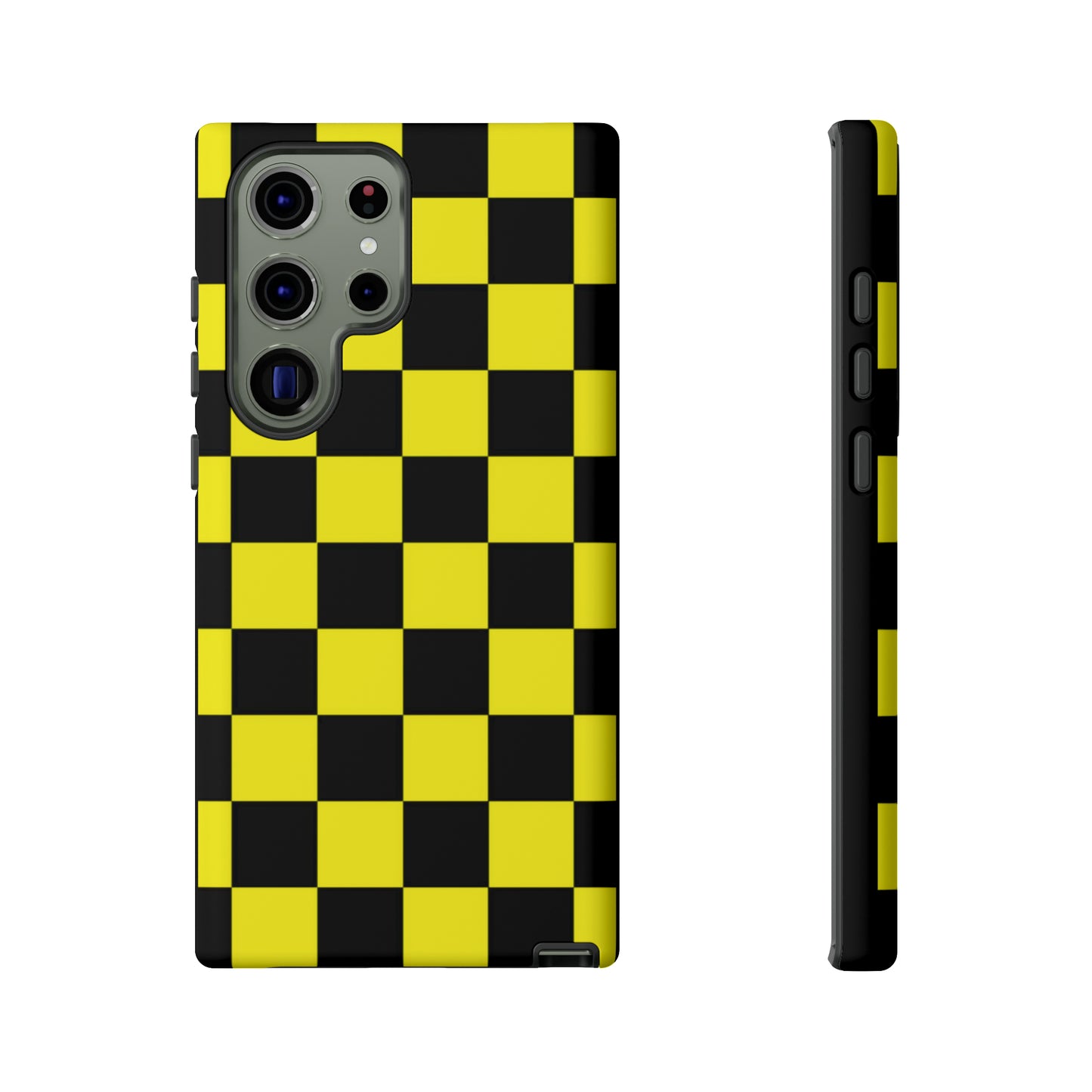 Yellow and Black Checkers with Black background: 46-Tough Case iPhone series 15 14 13 12 11 X XR XS 8: Google series 7 6 5: Samsung series S23 S22 S21 S20 S10