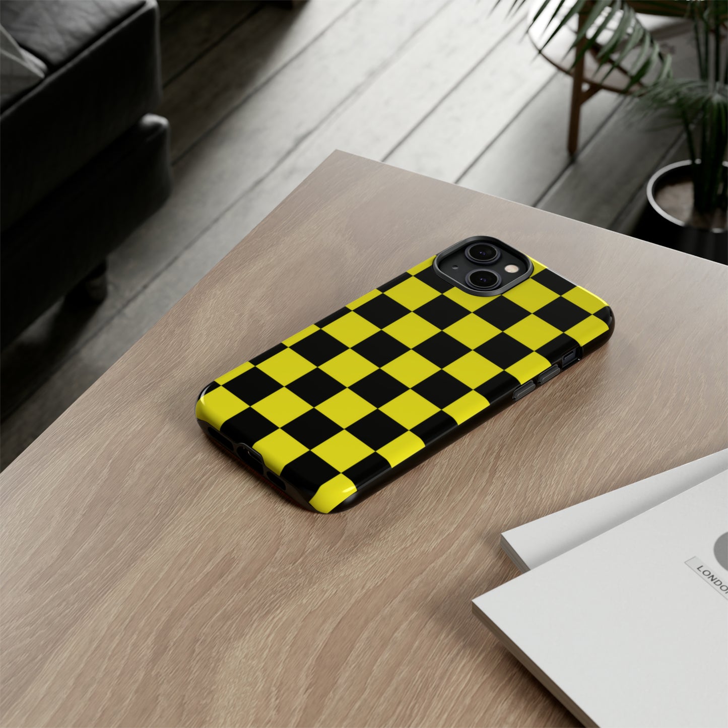 Yellow and Black Checkers with Black background: 46-Tough Case iPhone series 15 14 13 12 11 X XR XS 8: Google series 7 6 5: Samsung series S23 S22 S21 S20 S10