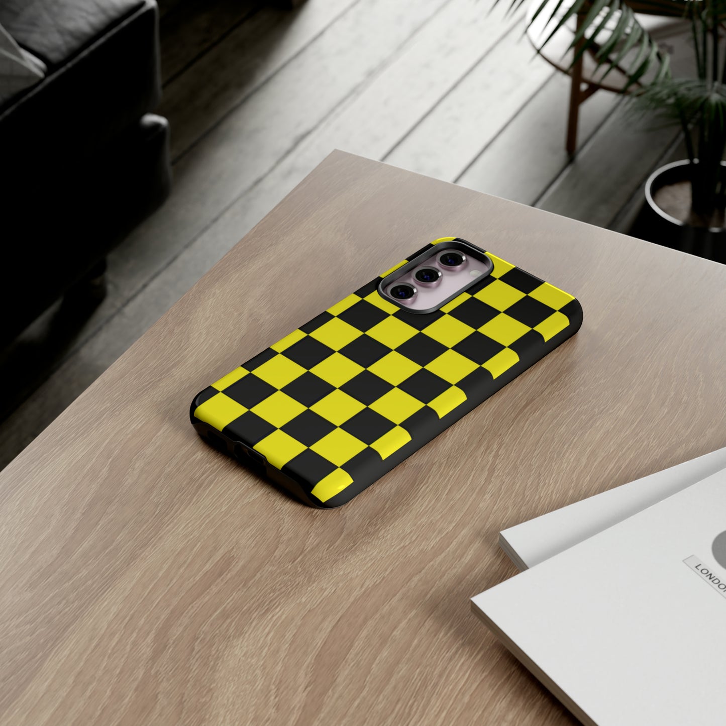 Yellow and Black Checkers with Black background: 46-Tough Case iPhone series 15 14 13 12 11 X XR XS 8: Google series 7 6 5: Samsung series S23 S22 S21 S20 S10