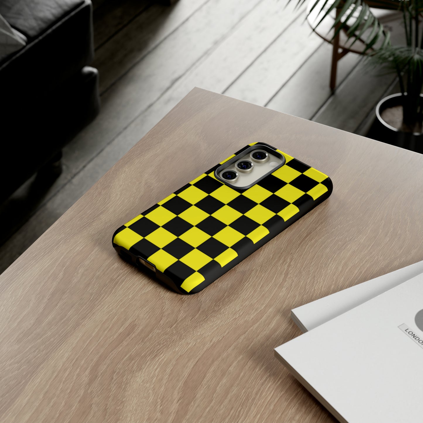 Yellow and Black Checkers with Black background: 46-Tough Case iPhone series 15 14 13 12 11 X XR XS 8: Google series 7 6 5: Samsung series S23 S22 S21 S20 S10