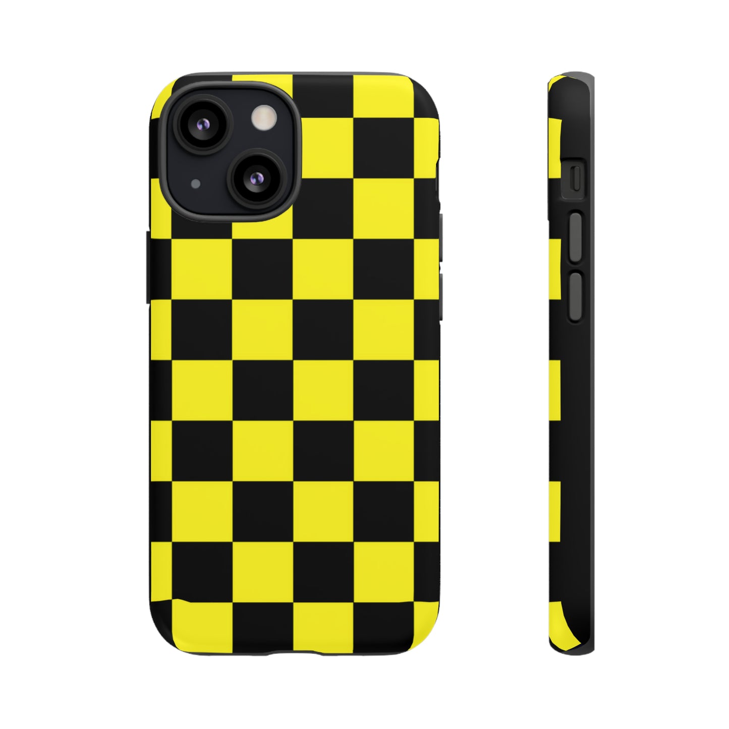 Yellow and Black Checkers with Black background: 46-Tough Case iPhone series 15 14 13 12 11 X XR XS 8: Google series 7 6 5: Samsung series S23 S22 S21 S20 S10