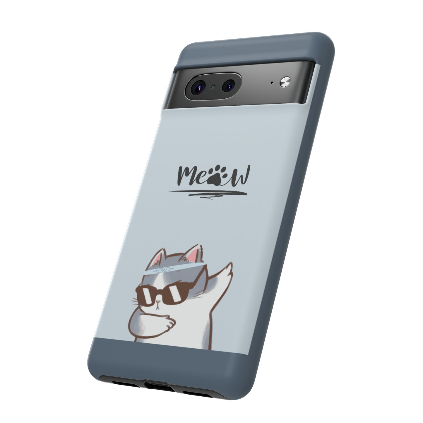 Cats Meow with slate blue background: 46-Tough Case iPhone series 15 14 13 12 11 X XR XS 8: Google series 7 6 5: Samsung series S23 S22 S21 S20 S10