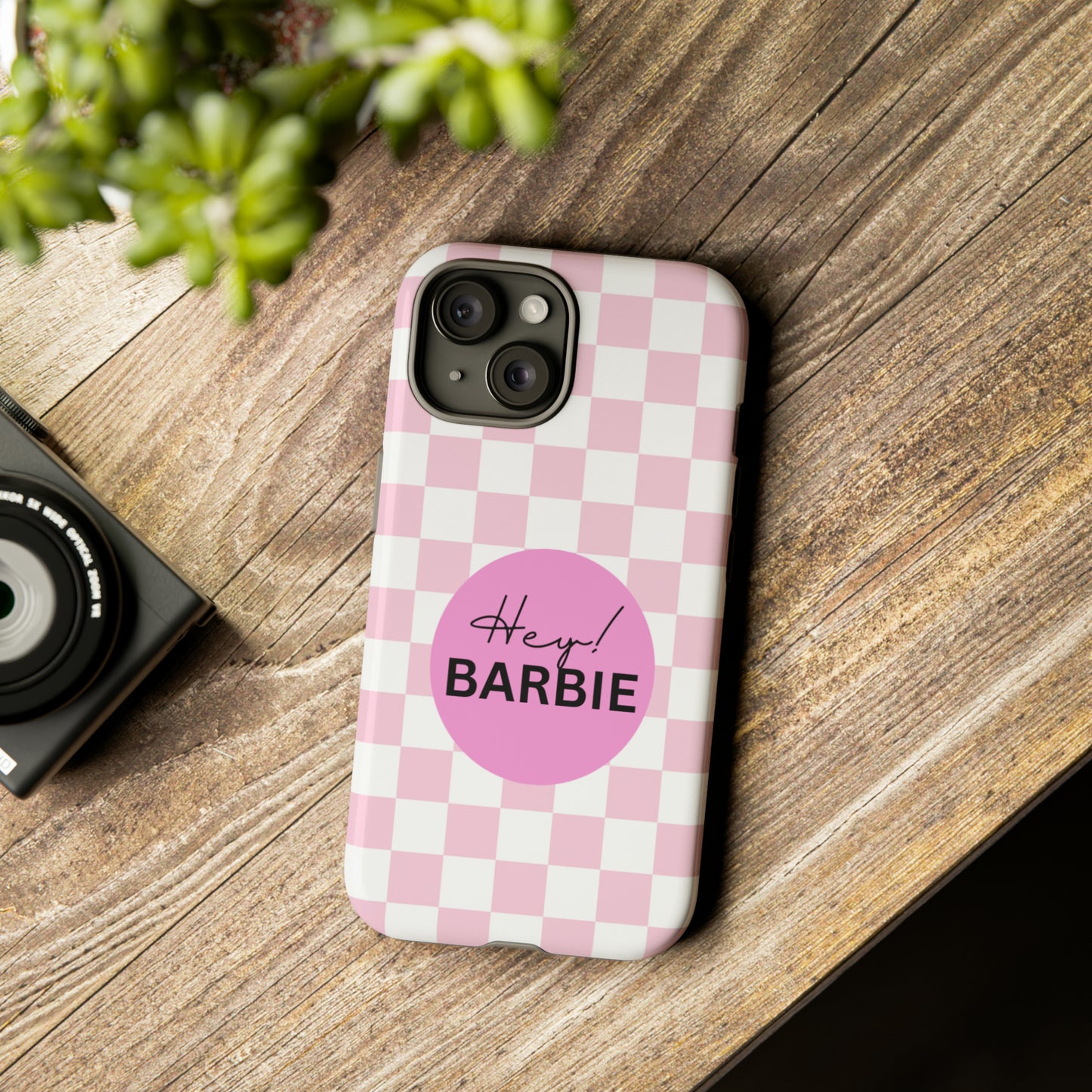 Pink and White Hey Barbie: 46-Tough Case iPhone series 15 14 13 12 11 X XR XS 8: Google series 7 6 5: Samsung series S23 S22 S21 S20 S10