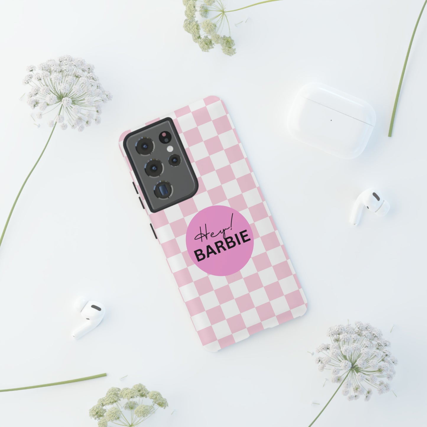 Pink and White Hey Barbie: 46-Tough Case iPhone series 15 14 13 12 11 X XR XS 8: Google series 7 6 5: Samsung series S23 S22 S21 S20 S10