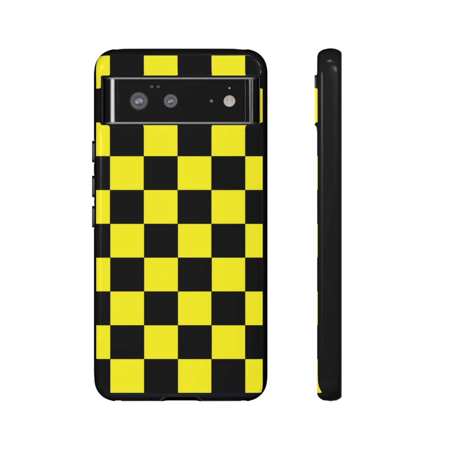 Yellow and Black Checkers with Black background: 46-Tough Case iPhone series 15 14 13 12 11 X XR XS 8: Google series 7 6 5: Samsung series S23 S22 S21 S20 S10