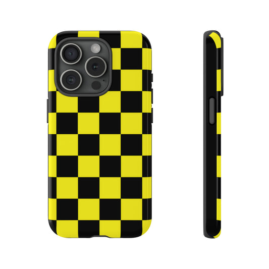 Yellow and Black Checkers with Black background: 46-Tough Case iPhone series 15 14 13 12 11 X XR XS 8: Google series 7 6 5: Samsung series S23 S22 S21 S20 S10