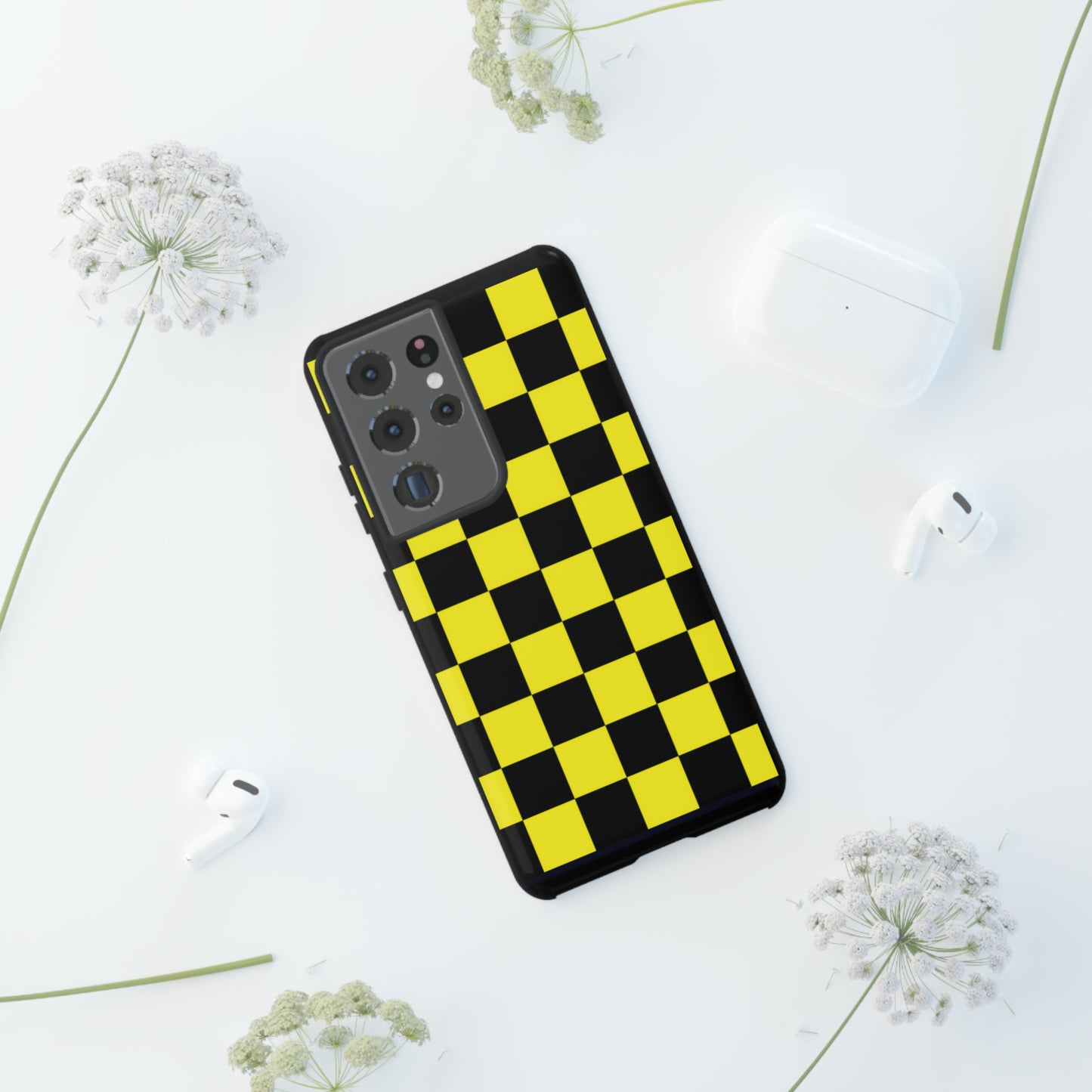 Yellow and Black Checkers with Black background: 46-Tough Case iPhone series 15 14 13 12 11 X XR XS 8: Google series 7 6 5: Samsung series S23 S22 S21 S20 S10