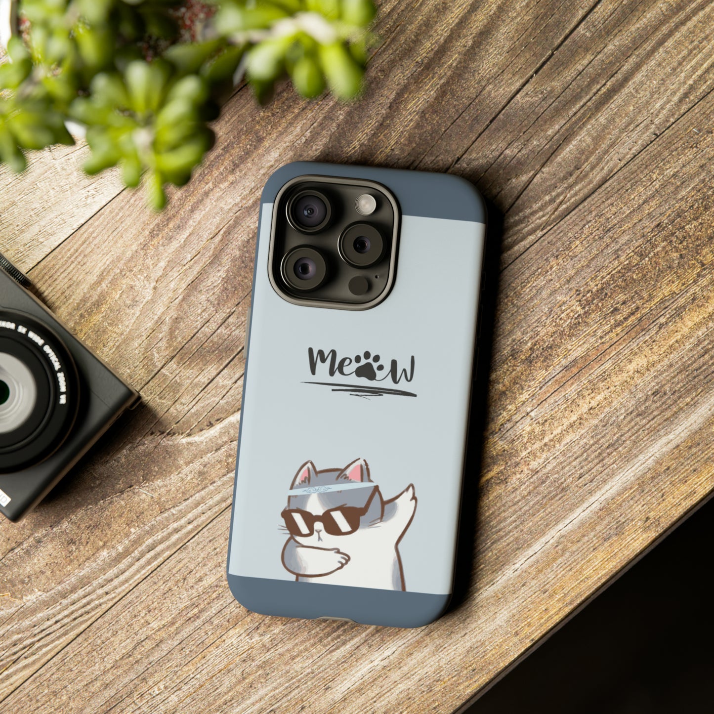 Cats Meow with slate blue background: 46-Tough Case iPhone series 15 14 13 12 11 X XR XS 8: Google series 7 6 5: Samsung series S23 S22 S21 S20 S10