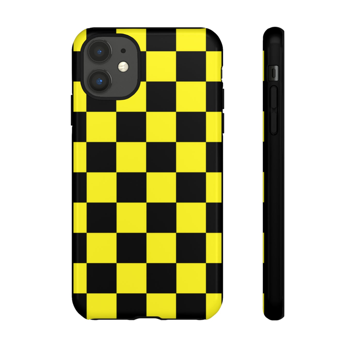 Yellow and Black Checkers with Black background: 46-Tough Case iPhone series 15 14 13 12 11 X XR XS 8: Google series 7 6 5: Samsung series S23 S22 S21 S20 S10