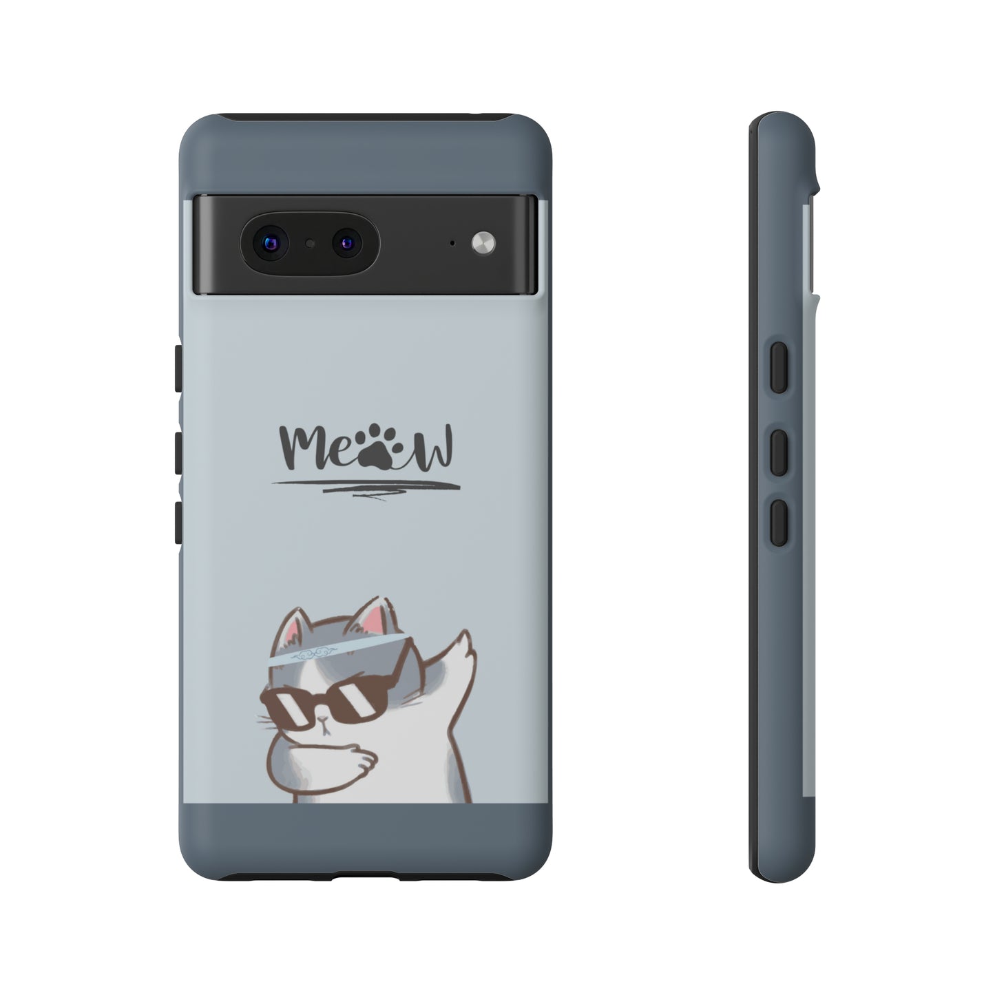 Cats Meow with slate blue background: 46-Tough Case iPhone series 15 14 13 12 11 X XR XS 8: Google series 7 6 5: Samsung series S23 S22 S21 S20 S10