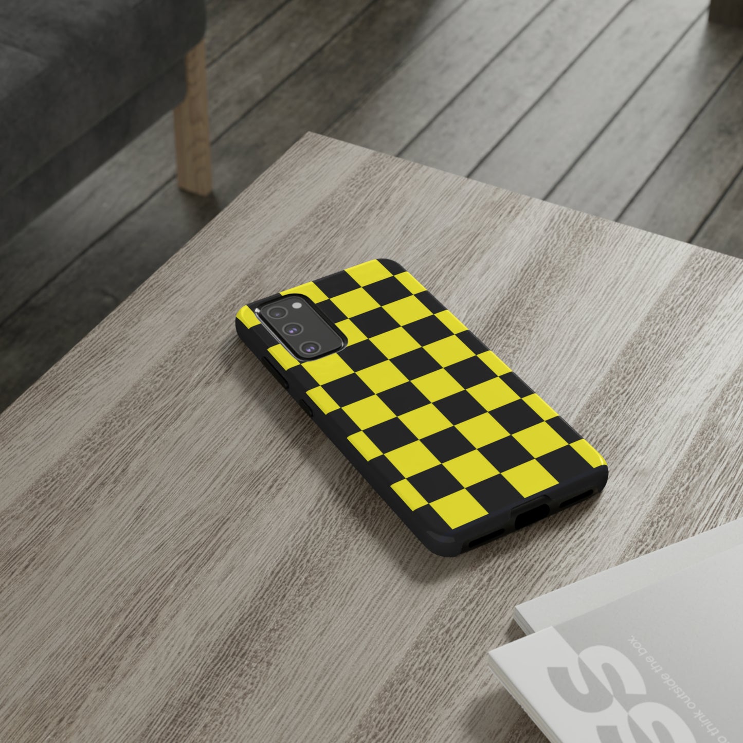 Yellow and Black Checkers with Black background: 46-Tough Case iPhone series 15 14 13 12 11 X XR XS 8: Google series 7 6 5: Samsung series S23 S22 S21 S20 S10